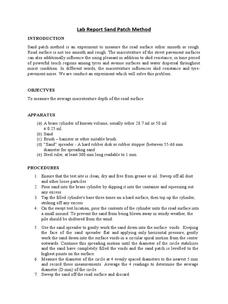 Lab Report Sand Patch Method PDF Sand Road