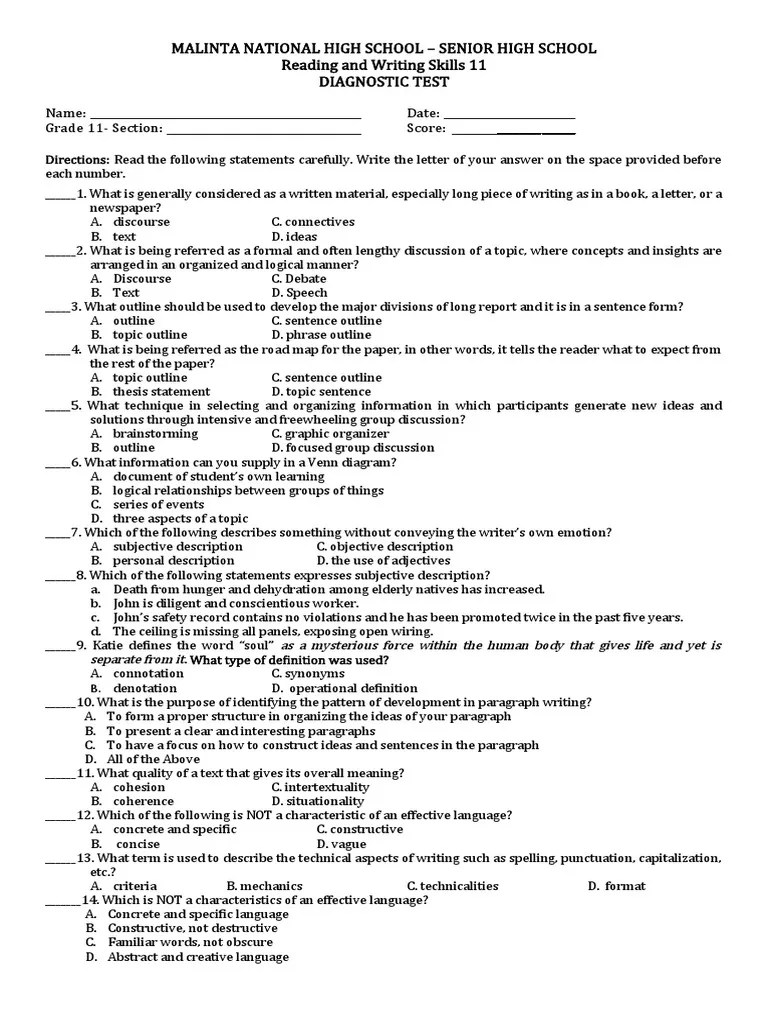 Reading and Writing Skills PRETEST PDF Credit Finance & Money