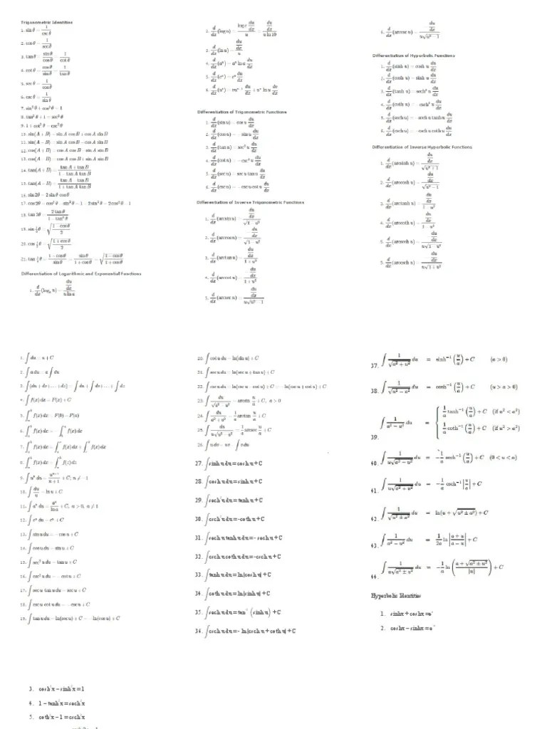Differential and Integral FORMULAS PDF