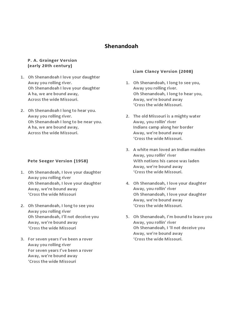 Shenandoah Lyrics PDF