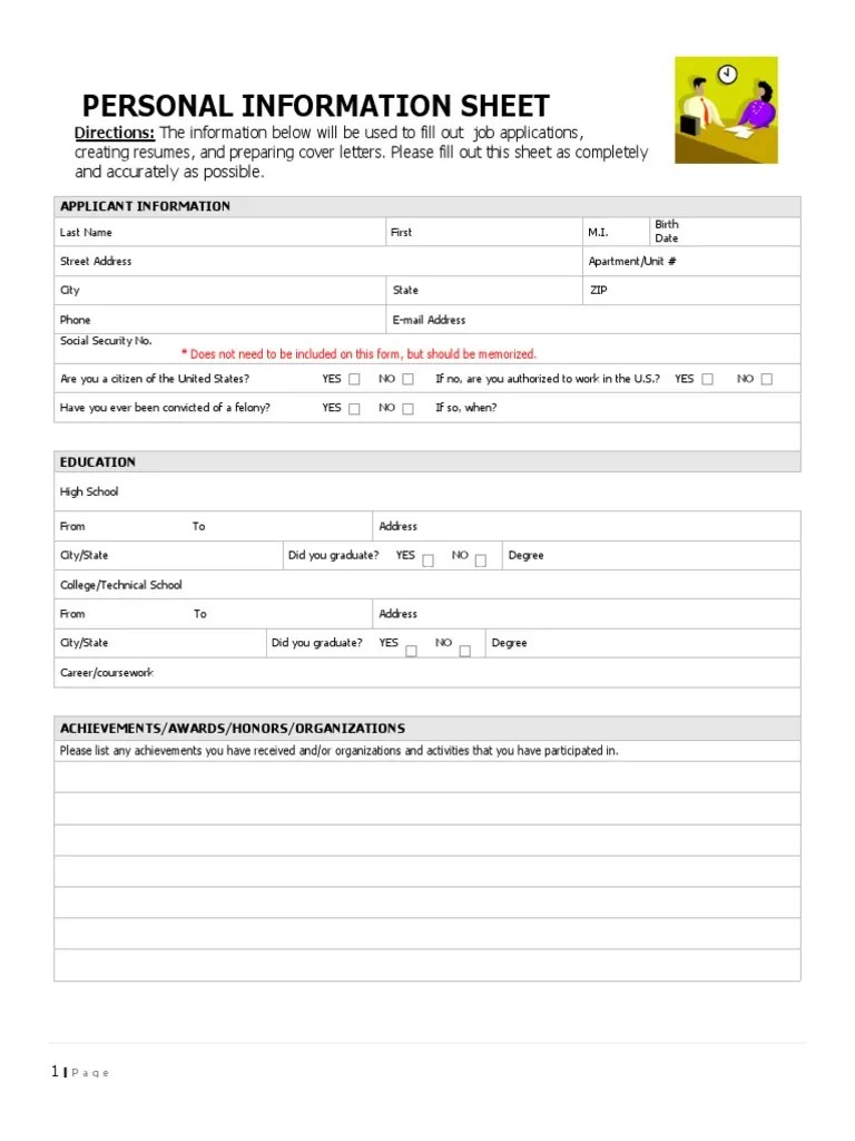 Personal Information Sheet PDF