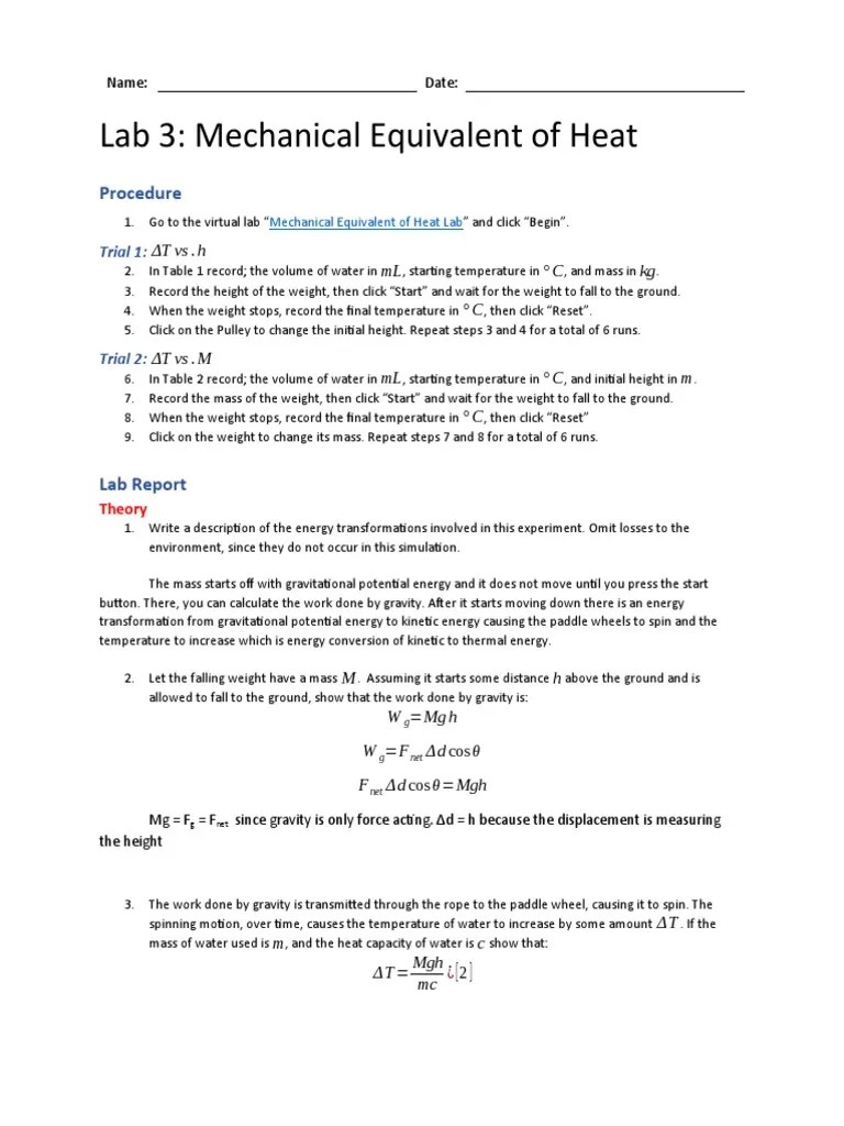 David Chen Lab 3 Mechanical Equivalent of Heat PDF Mass Potential Energy