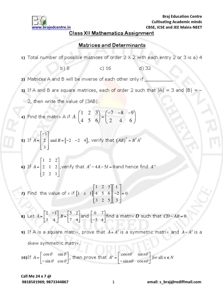 Matrices and Determinants PDF
