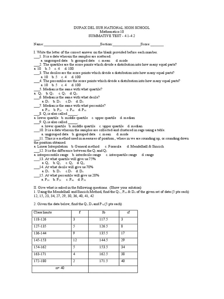 Q4 Summative For Measures of Position PDF
