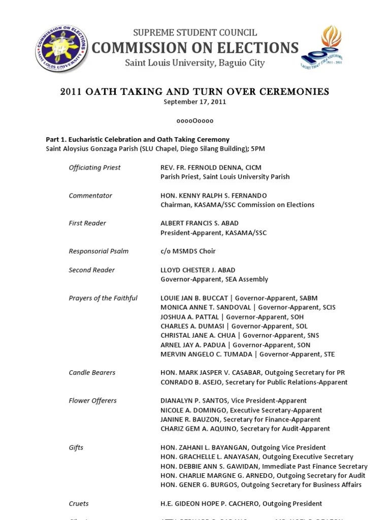 Oath Taking and Turn Over Ceremonies Program PDF Elections