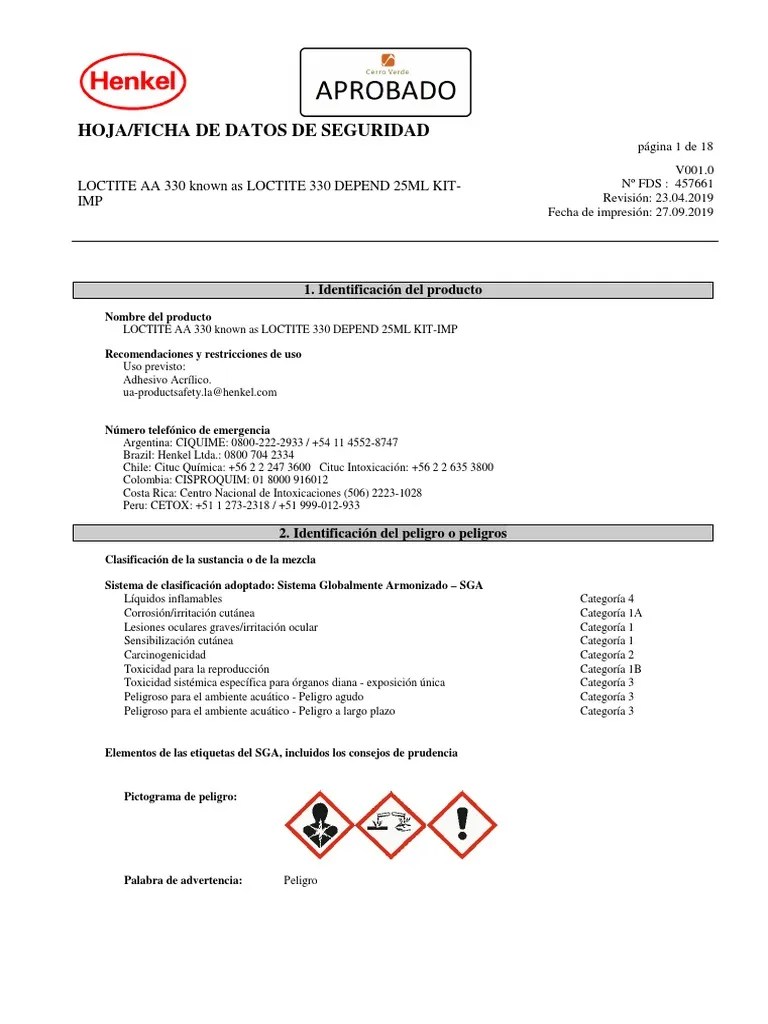 Loctite Aa 330 Henkel FDS V1 PDF Agua Química