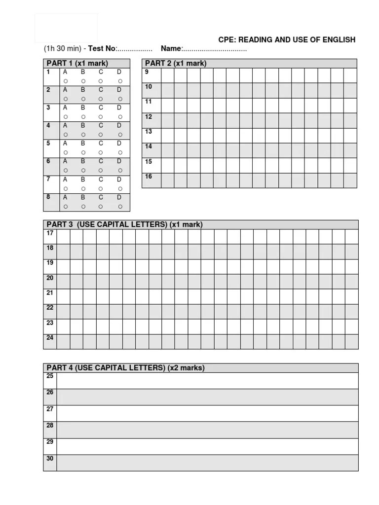 Cpe Reading and Use Answer Sheet PDF