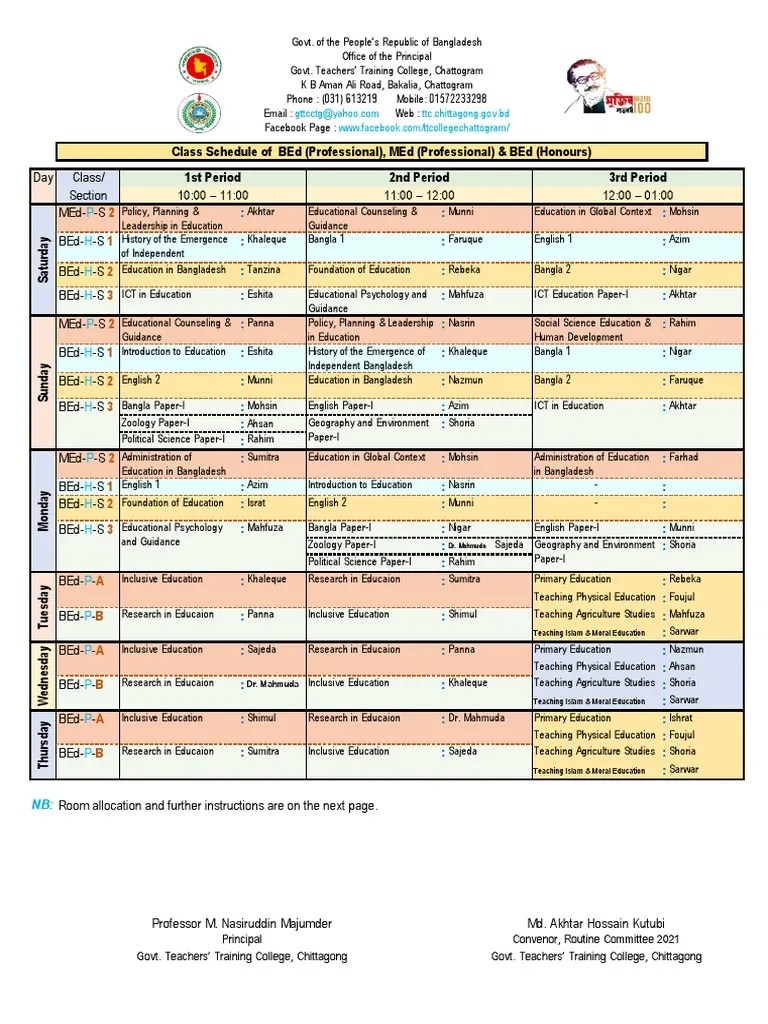Class Schedule of Bed (Professional), Med (Professional) & Bed (Honours