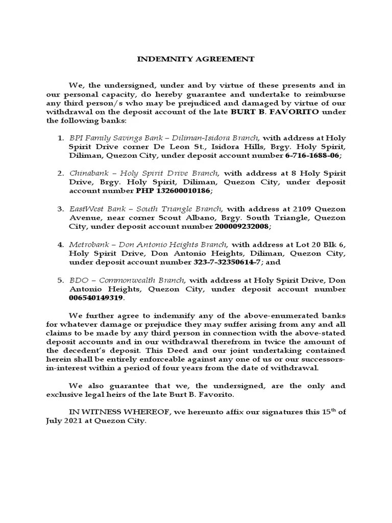 INDEMNITY AGREEMENT v2 PDF Indemnity Common Law