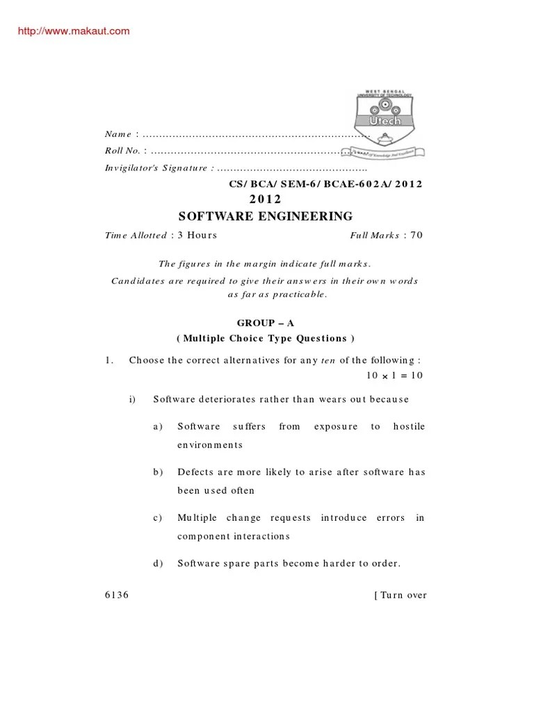 Bca Bca 602a Software Engineering 2012 PDF Software Testing Risk