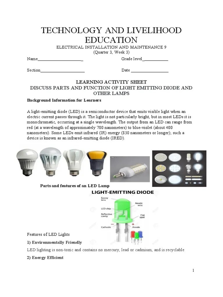 Technology and Livelihood Education Discuss Parts and Function of Light Emitting Diode and