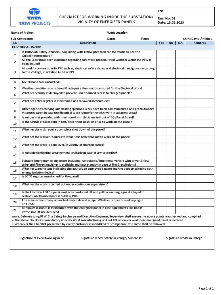 Checklist For Working in Substations or Vicinity of Energized Panels1 PDF Electrical