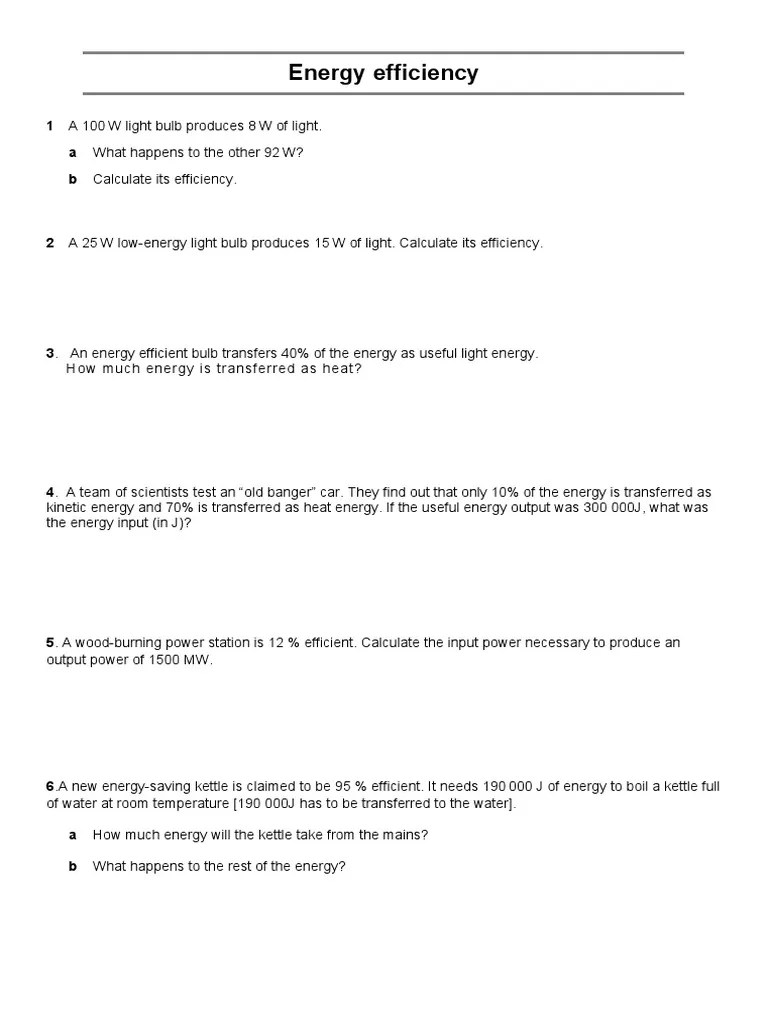Energy Efficiency Worksheet and Answers PDF