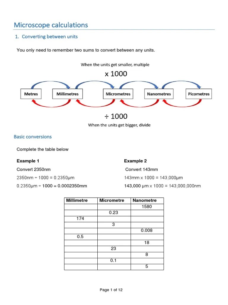 Microscope Calculation Guide Worksheet PDF Micrometre Optics