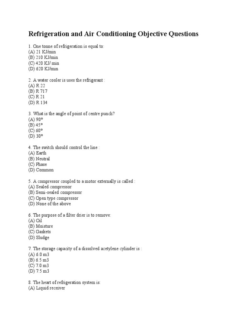 Refrigeration and Air Conditioning Objective Questions PDF Air Conditioning Physical Sciences