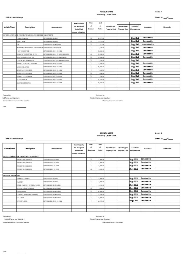 Annex A Inventory Count Form (Icf) PDF Printer Laptop
