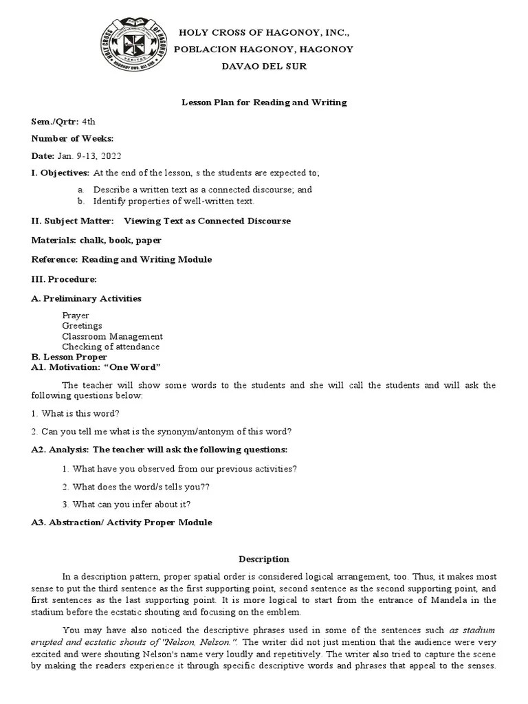 READING AND WRITING LESSON PLAN PDF Definition Word