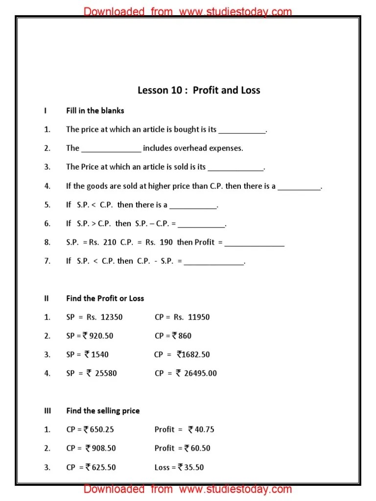 CBSE Class 5 Mathematics Worksheet Profit and Loss PDF