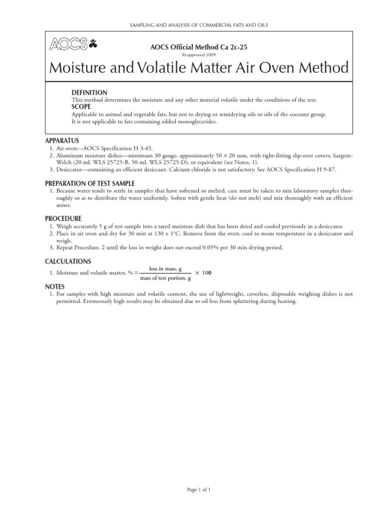 Moisture (Air Oven Method) AOCS Ca 2c252009 PDF
