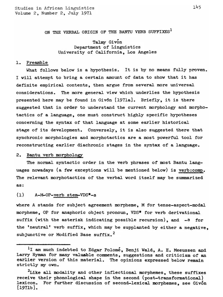 On The Verbal Origin of The Bantu Verb Suffixes PDF Verb Syntax
