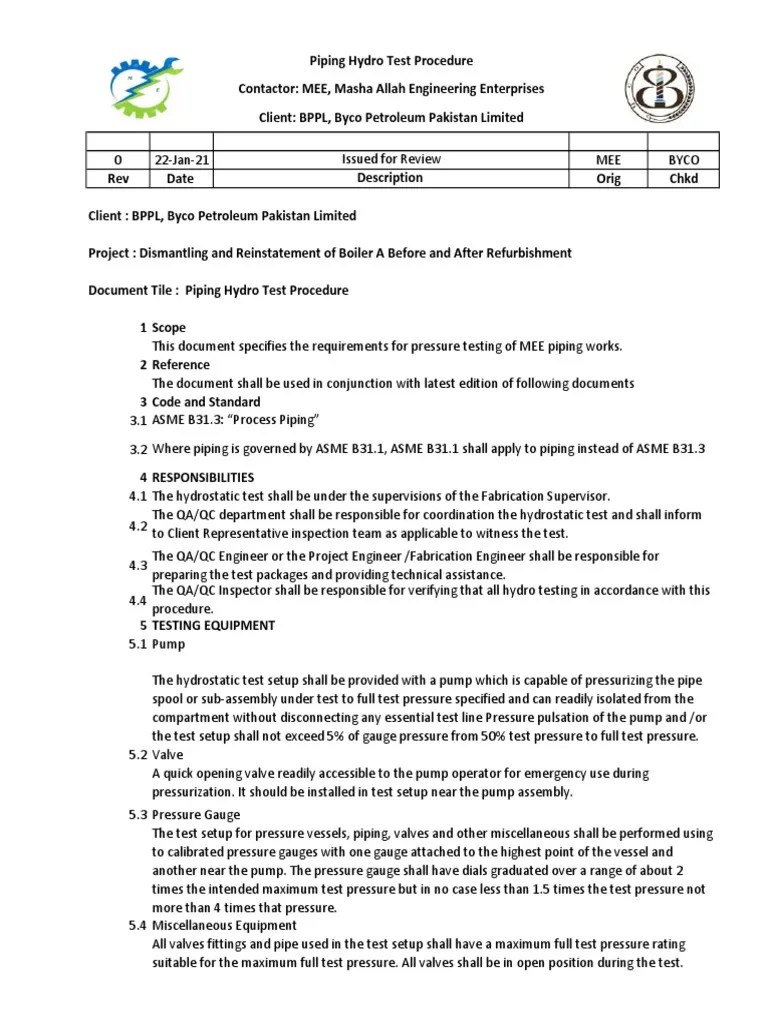 Piping Hydro Test Procedure PDF Pipe (Fluid Conveyance) Plumbing