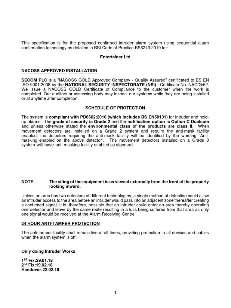 Intruder Alarm Specification PDF Security Alarm Electrical