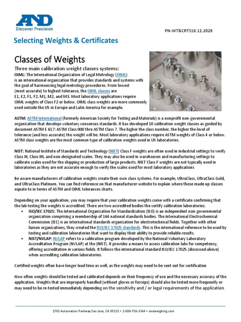 Selecting Weights and Certificates 1 AND PDF Calibration Weight