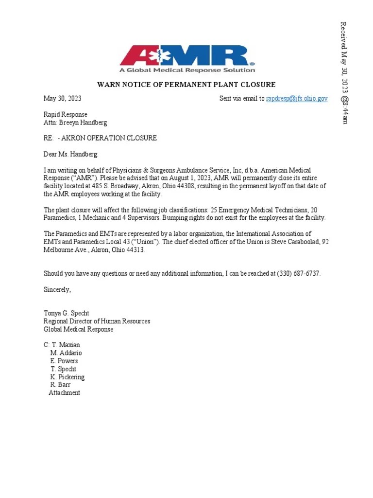 American Medical Response WARN Letter To ODJFS PDF
