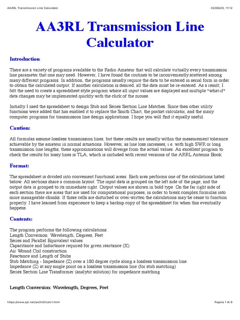AA3RL Transmission Line Calculator PDF
