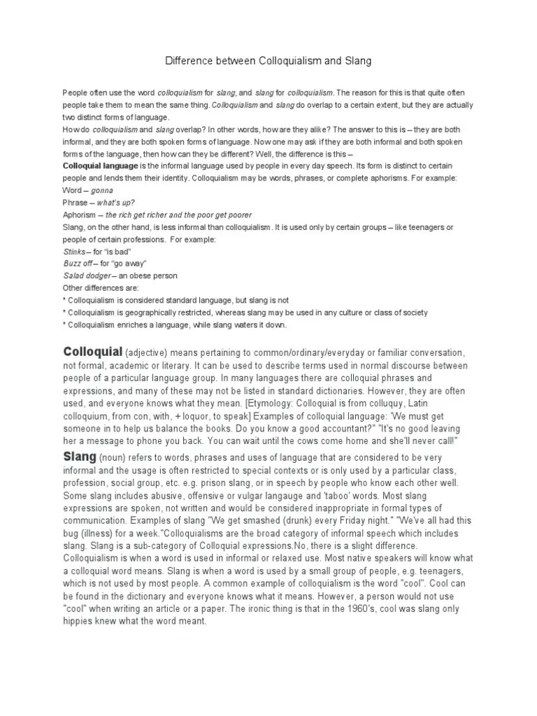Difference between Colloquialism and PDF Slang Word