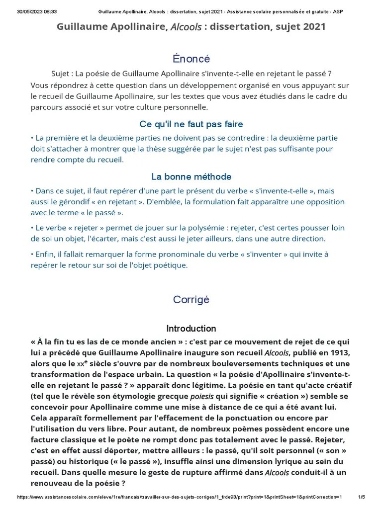 Guillaume Apollinaire, Alcools Dissertation, Sujet 2021 Assistance