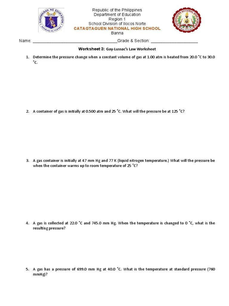 Gay Lussacs Law Worksheet PDF