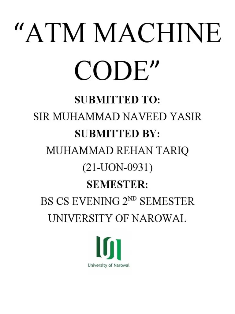 Atm Machine Code PDF