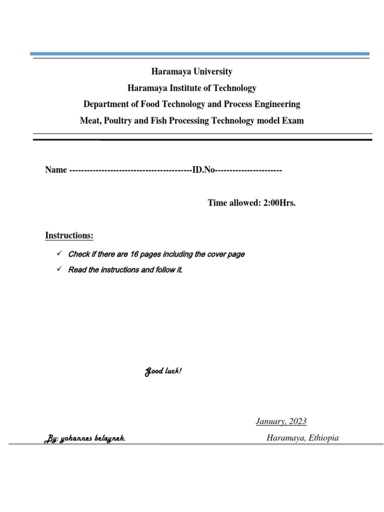 Sample Questions Meat, Poultry and Fish Processing Technology PDF
