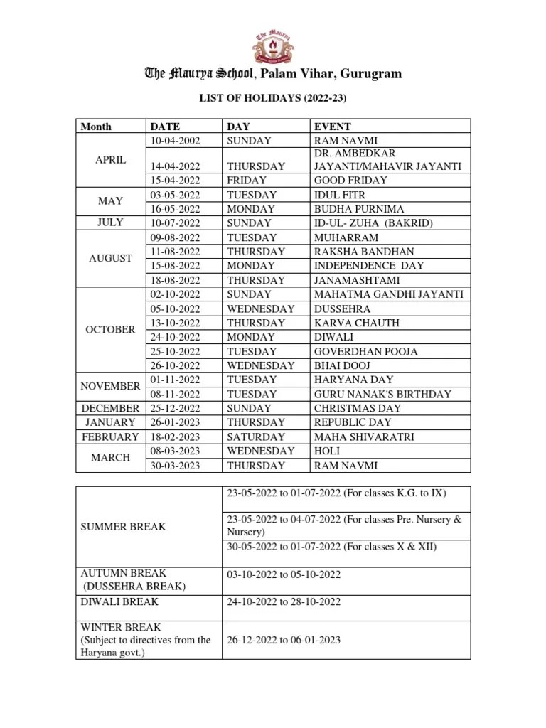 List of Holidays 202223 PDF