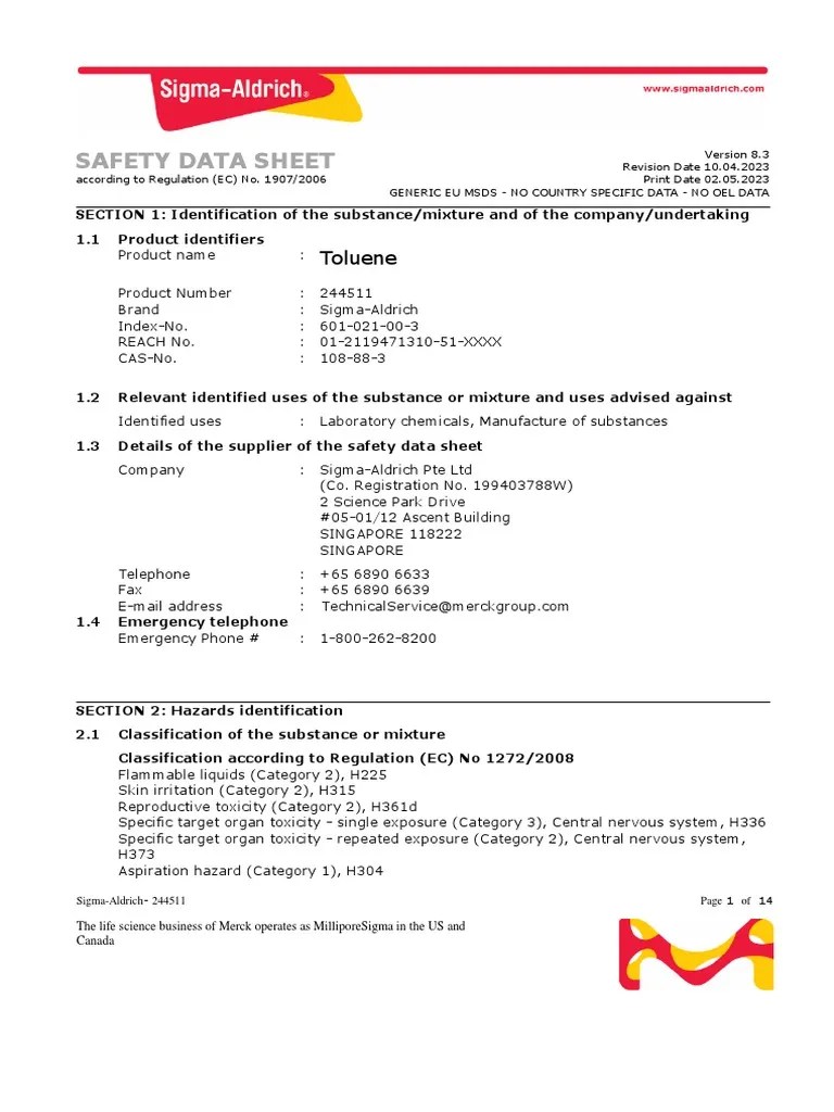 Safety Data Sheet Toluene PDF Dangerous Goods Firefighting