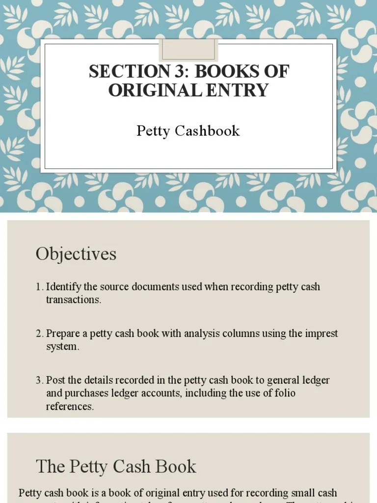 Books of Original Entry Part 3 (Petty Cash Book) PDF Bookkeeping