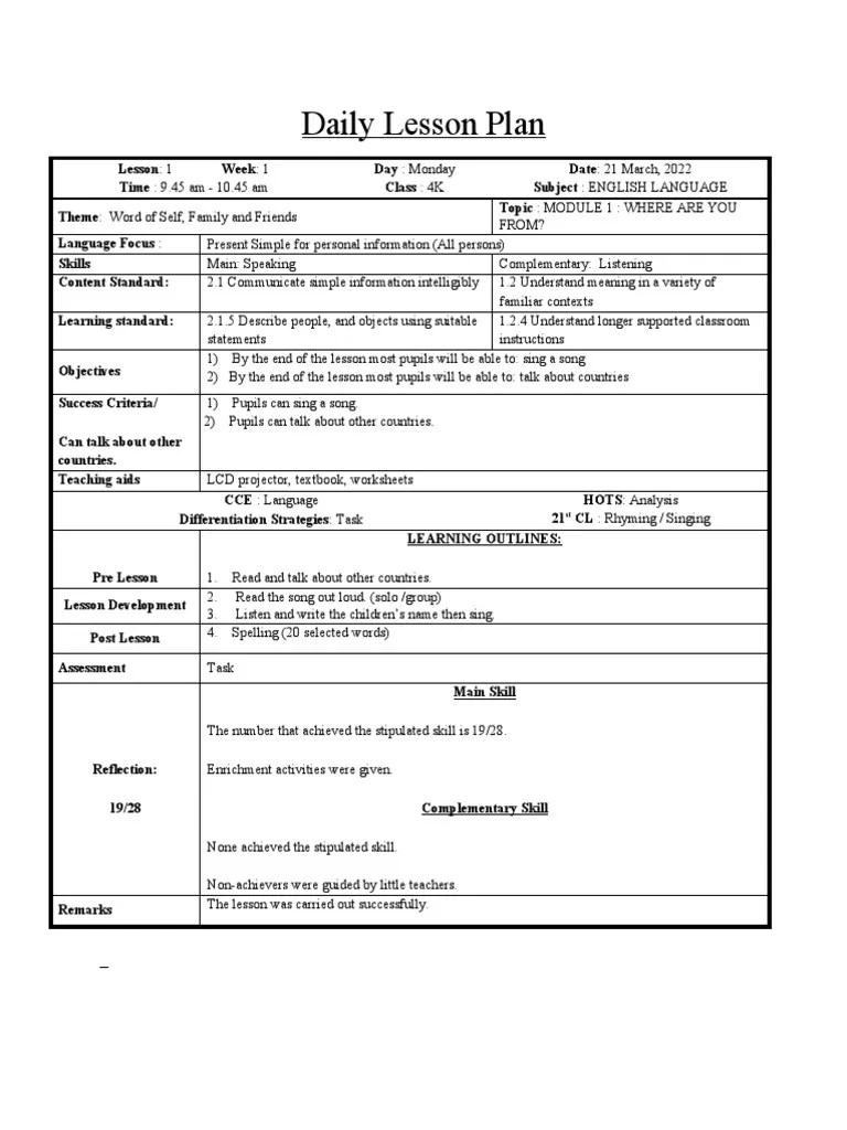 Lesson Plan 4k English Pdf