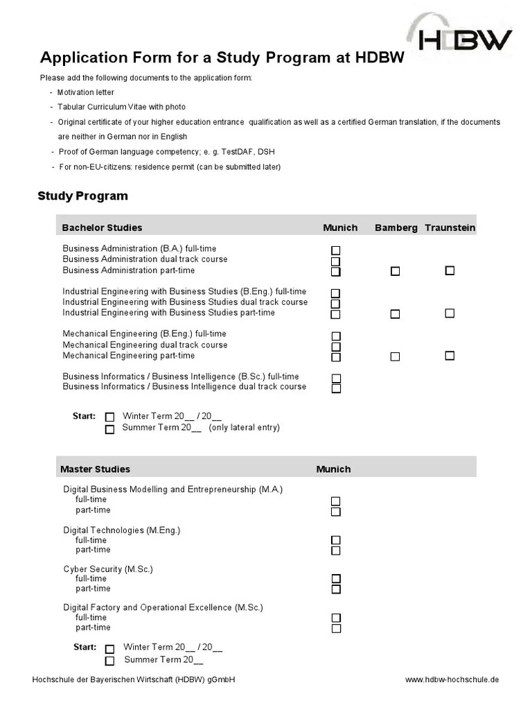 HDBW Study Application Form PDF