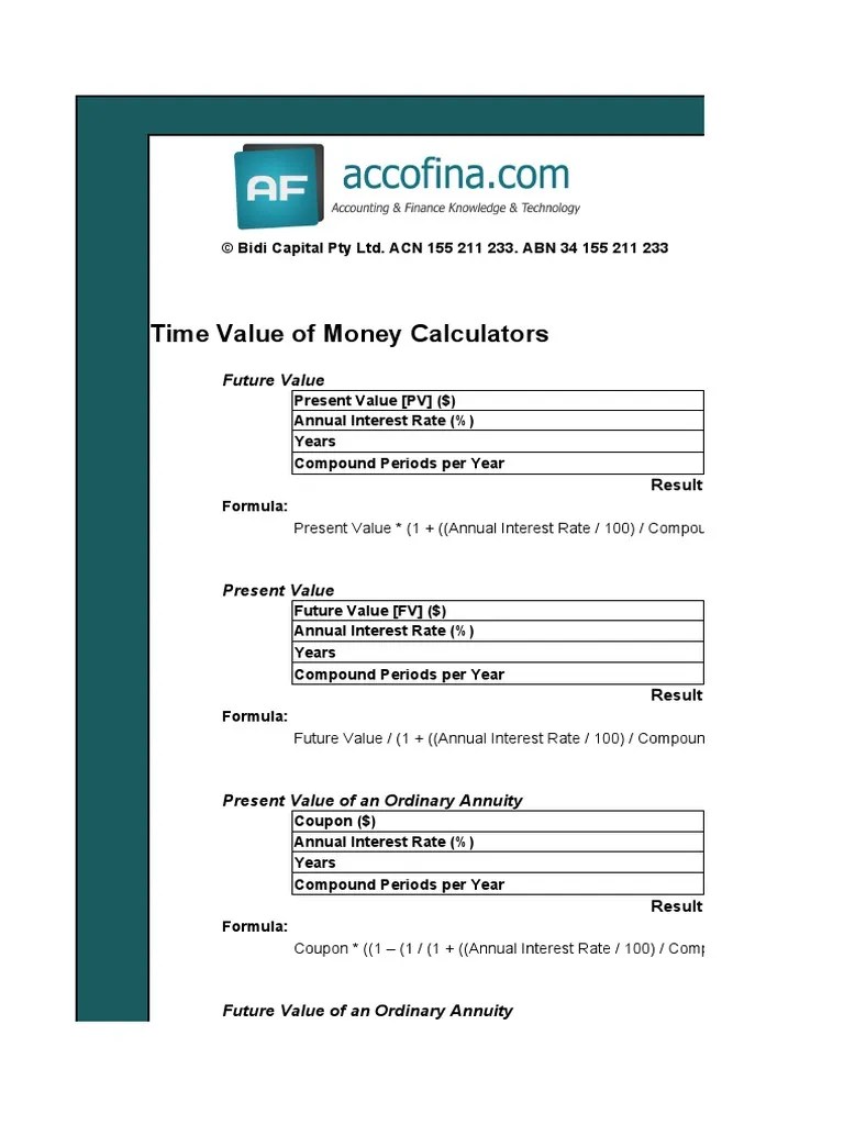 Time Value of Money Calculators Formulas PDF
