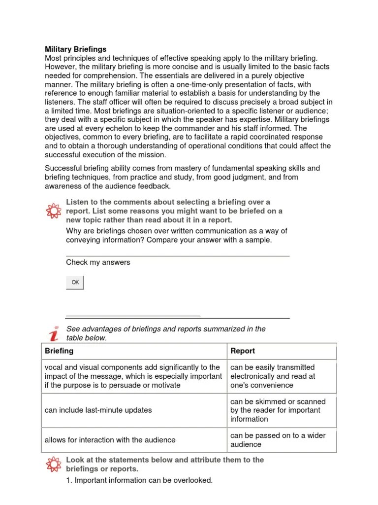 Military Briefings Reading Comprehension Information