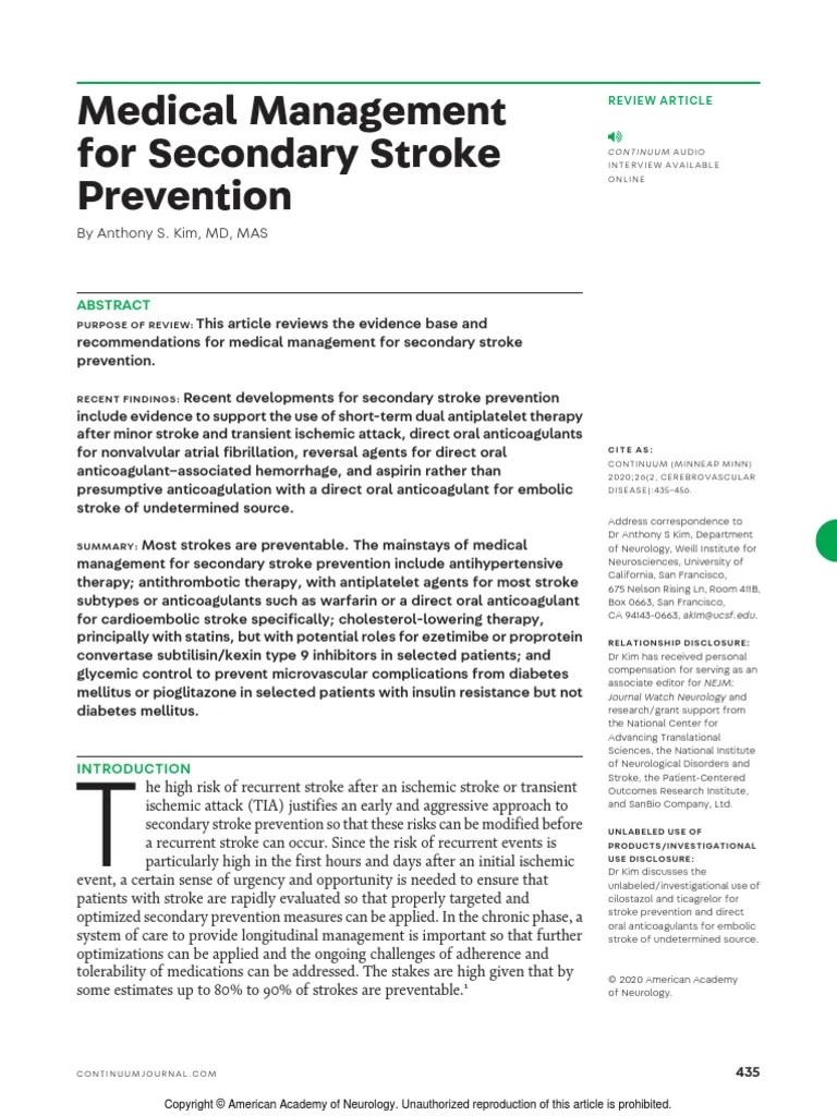 Medical Management For Secondary Stroke Prevention PDF Stroke Aspirin