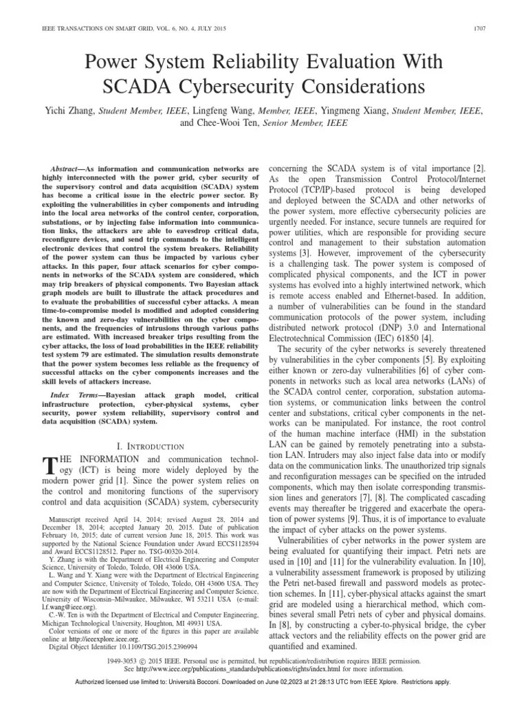 Power System Reliability Evaluation With SCADA Cybersecurity