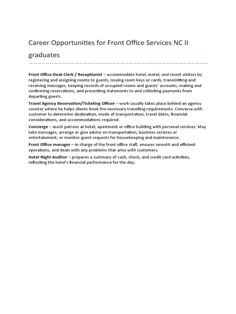 Career Opportunities for Front Office Services NC II graduates PDF