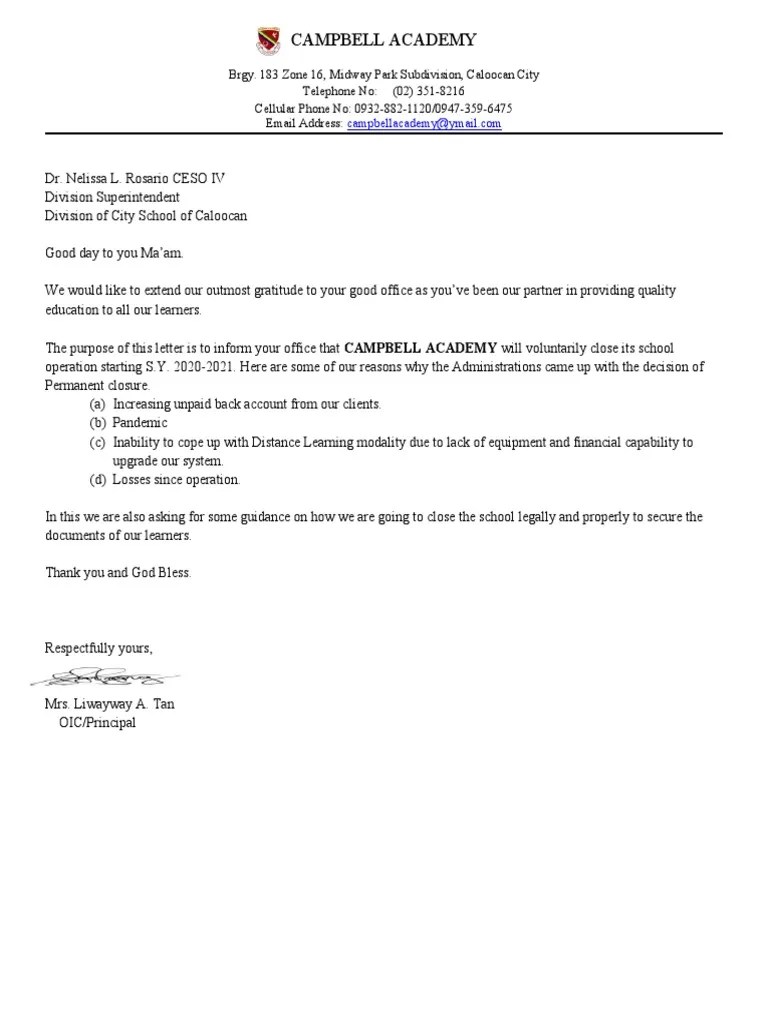 Communication Letter For Closure PDF