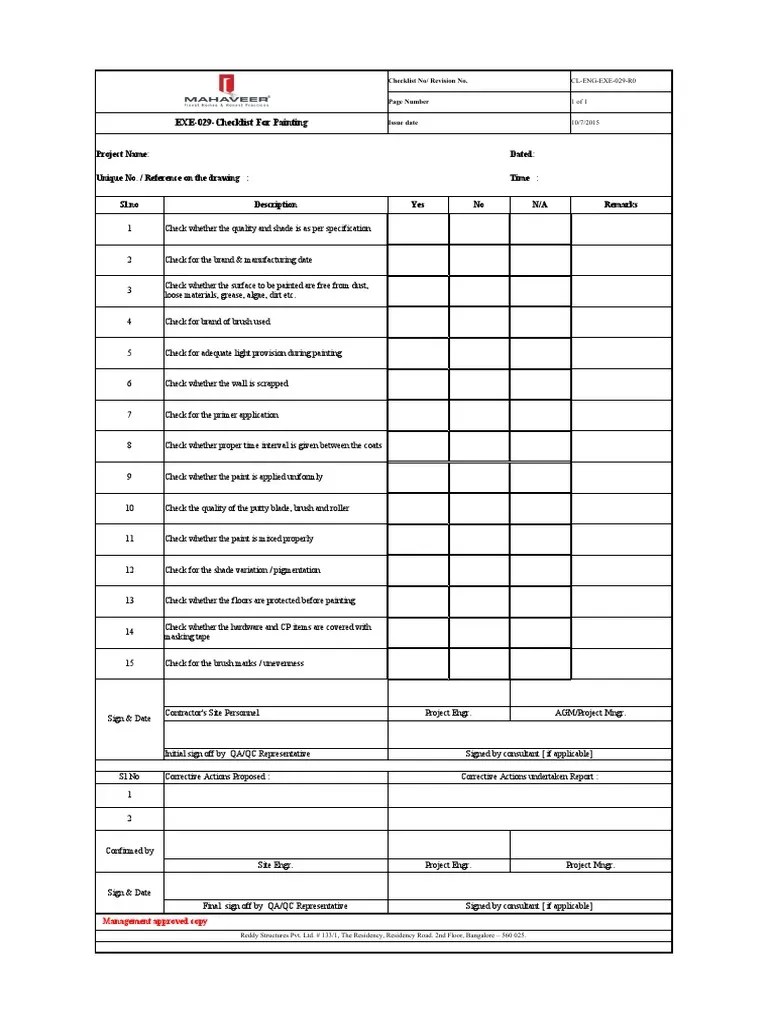 029CHECKLIST FOR painting PDF Paint Industrial Processes