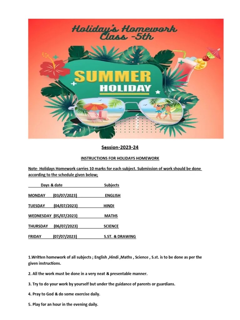 Class 5 Holiday Homework | PDF