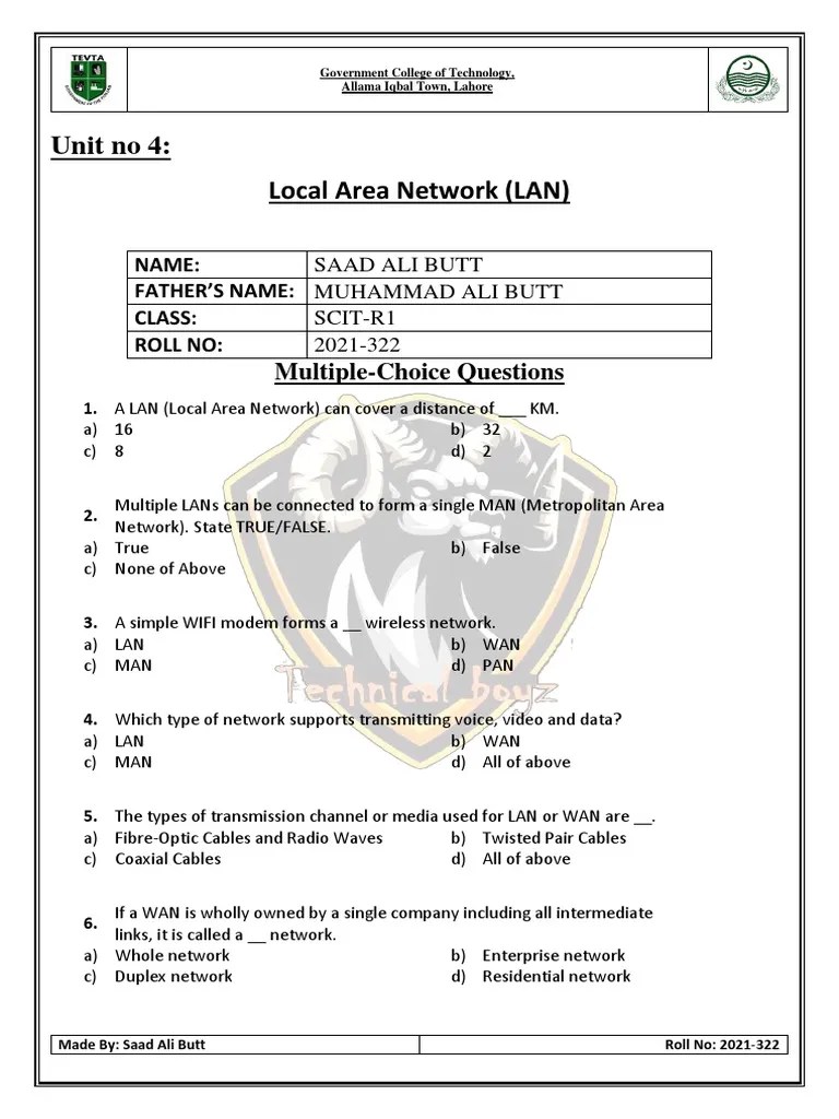 Unit No 4 LAN MCQs PDF Local Area Network Network Topology