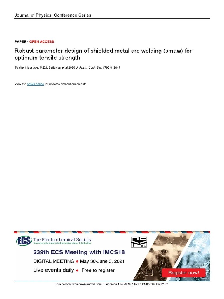 Robust Parameter Design of Shielded Metal Arc Welding PDF Welding