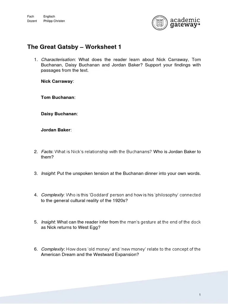 The Great Gatsby Worksheet Chapter 1 PDF